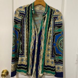 Cache blouse “versace” look green blue gold and cream sz xs